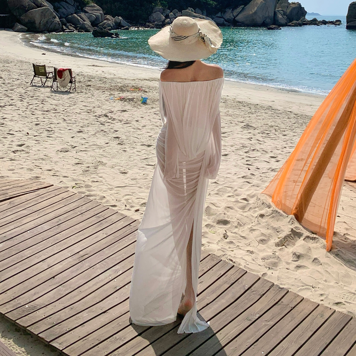 White Off-Shoulder Sheer Dress | Elegant Slimming Resort Dress - Image 2