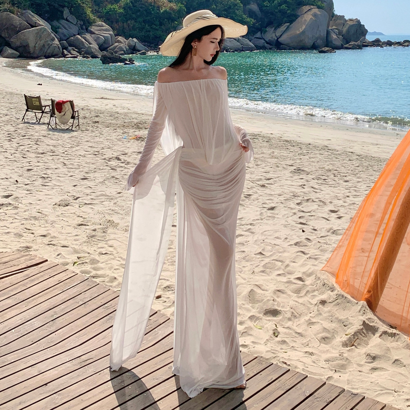 White Off-Shoulder Sheer Dress | Elegant Slimming Resort Dress - Image 5