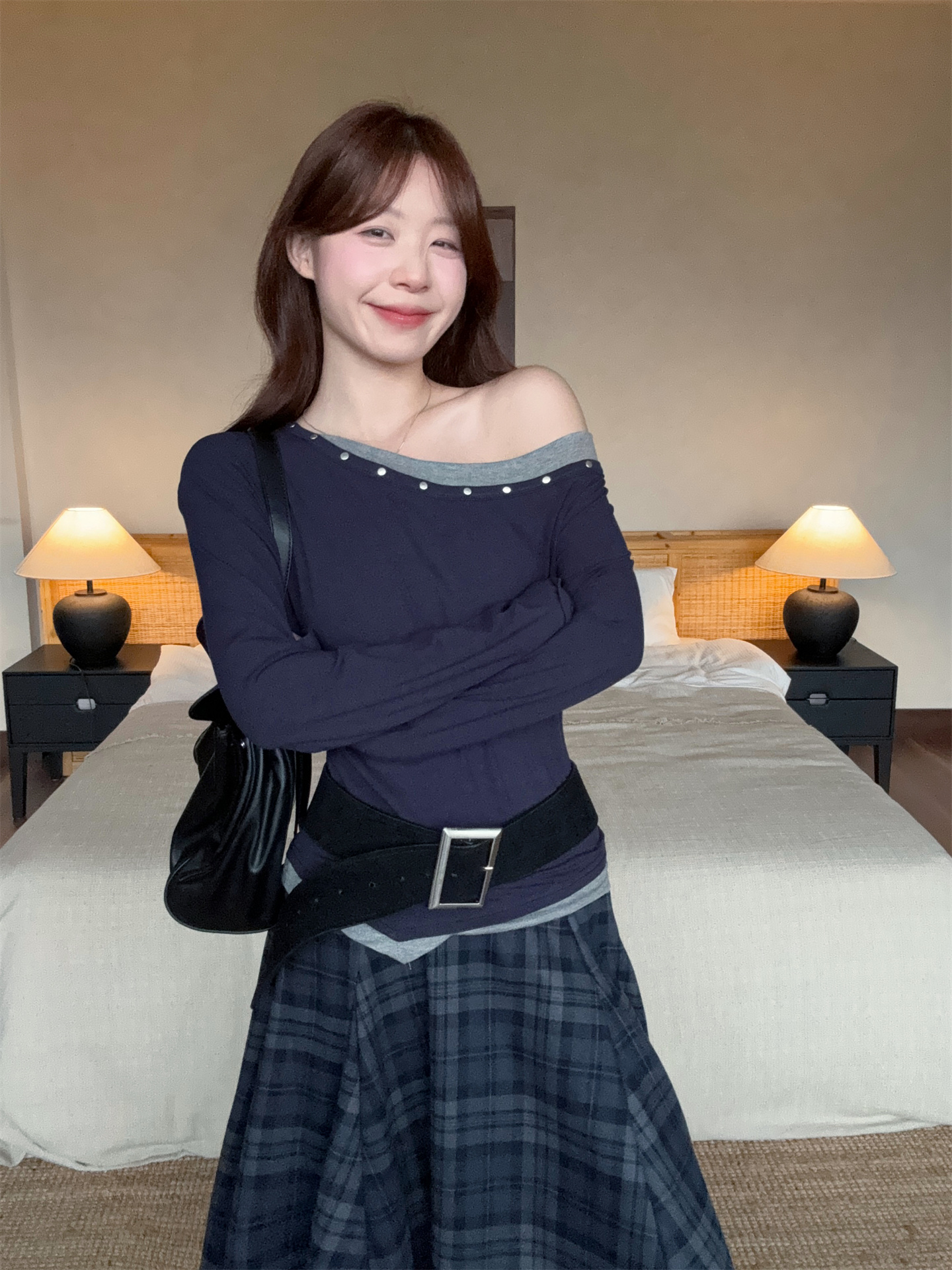 Women's One-Shoulder Color-Block Faux Two-Piece Long-Sleeve Top