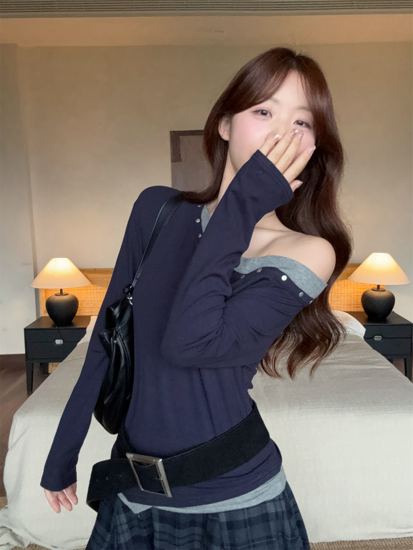 Women's One-Shoulder Color-Block Faux Two-Piece Long-Sleeve Top - Image 2