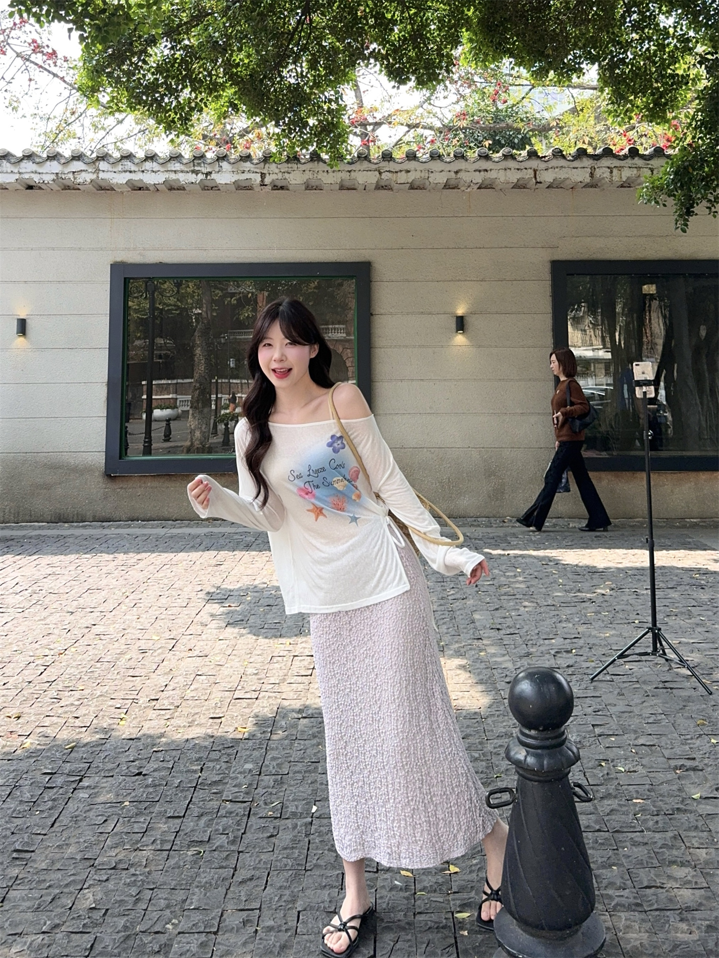 Women's Off-Shoulder Long Sleeve Top and Textured A-Line Skirt Two-Piece Set