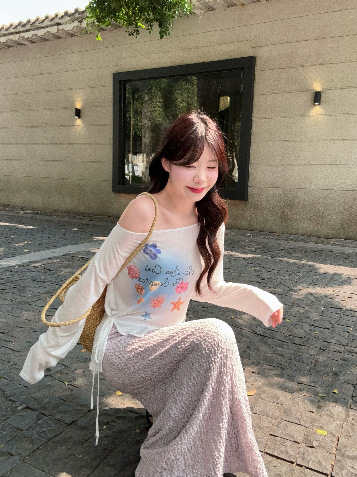 Women's Off-Shoulder Long Sleeve Top and Textured A-Line Skirt Two-Piece Set - Image 3