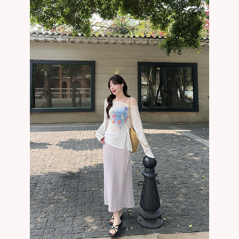 Women's Off-Shoulder Long Sleeve Top and Textured A-Line Skirt Two-Piece Set - Image 5