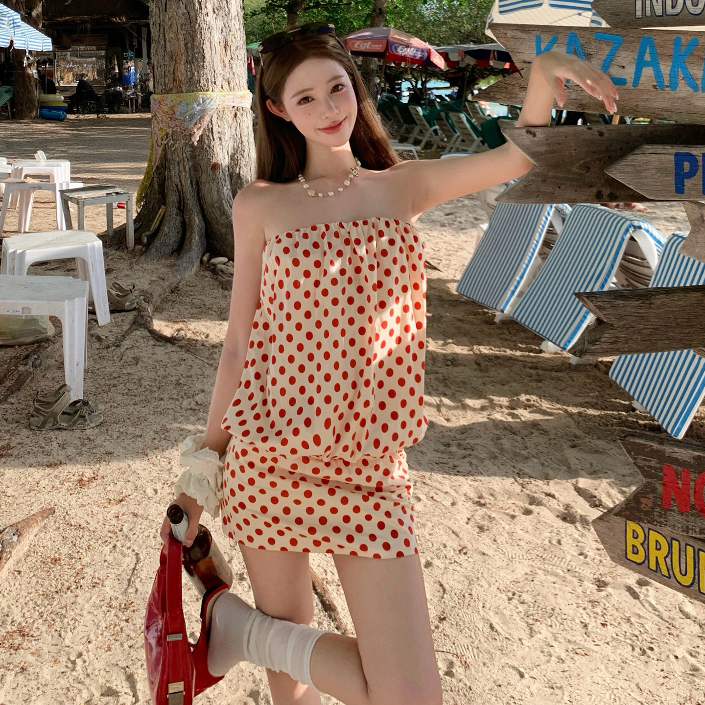 Women’s Polka Dot Strapless Bodycon Mini Dress 2026 Summer Pleated Party Dress