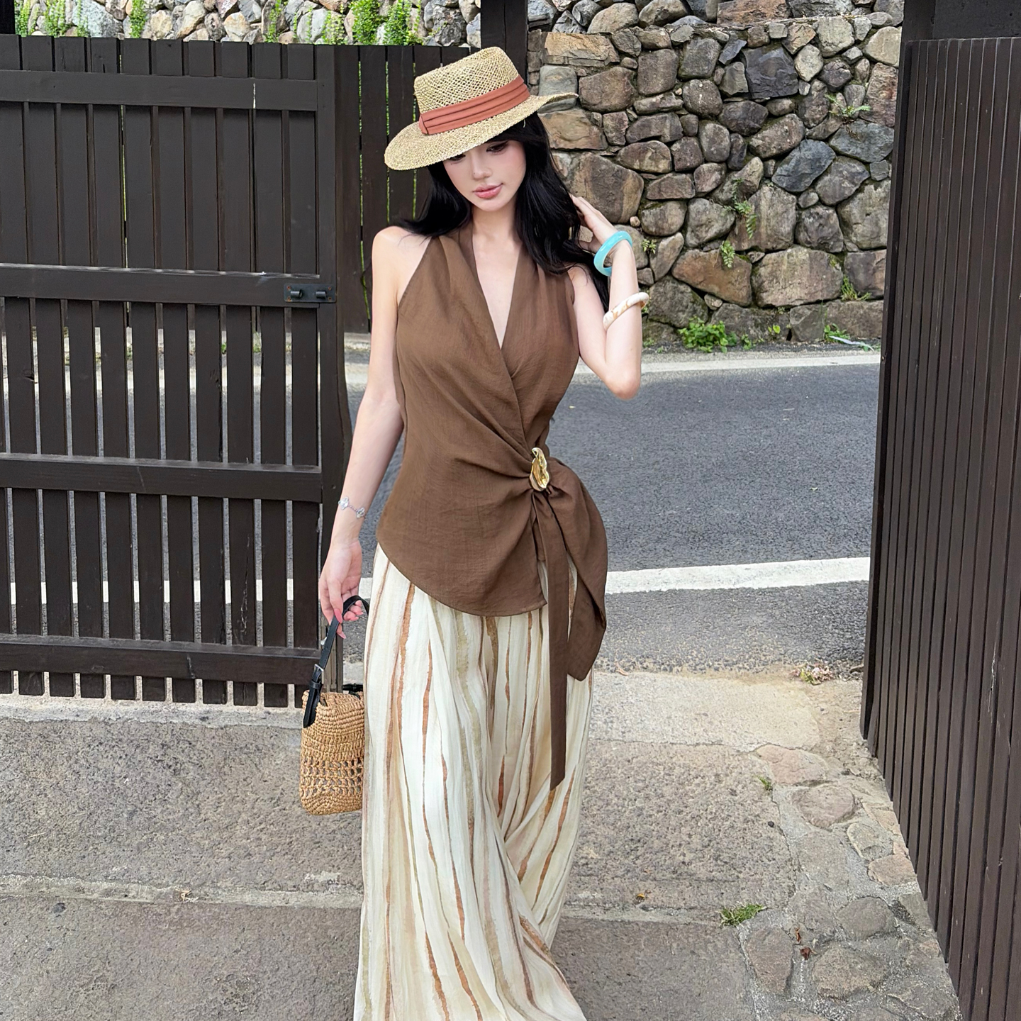 Halter Neck Sleeveless Top and Wide Leg Pants Set for Women Summer 2026