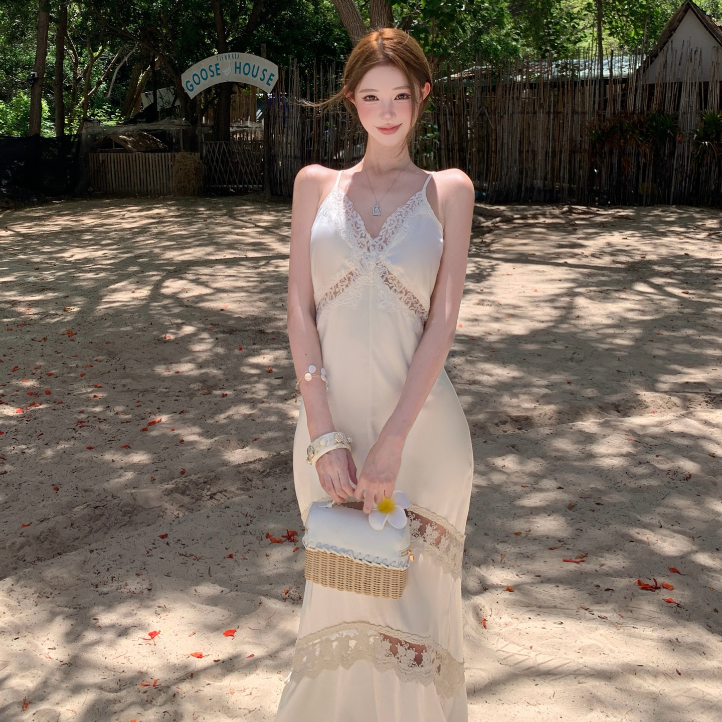 Satin Drape Cami Dress with Lace Panel Long Skirt