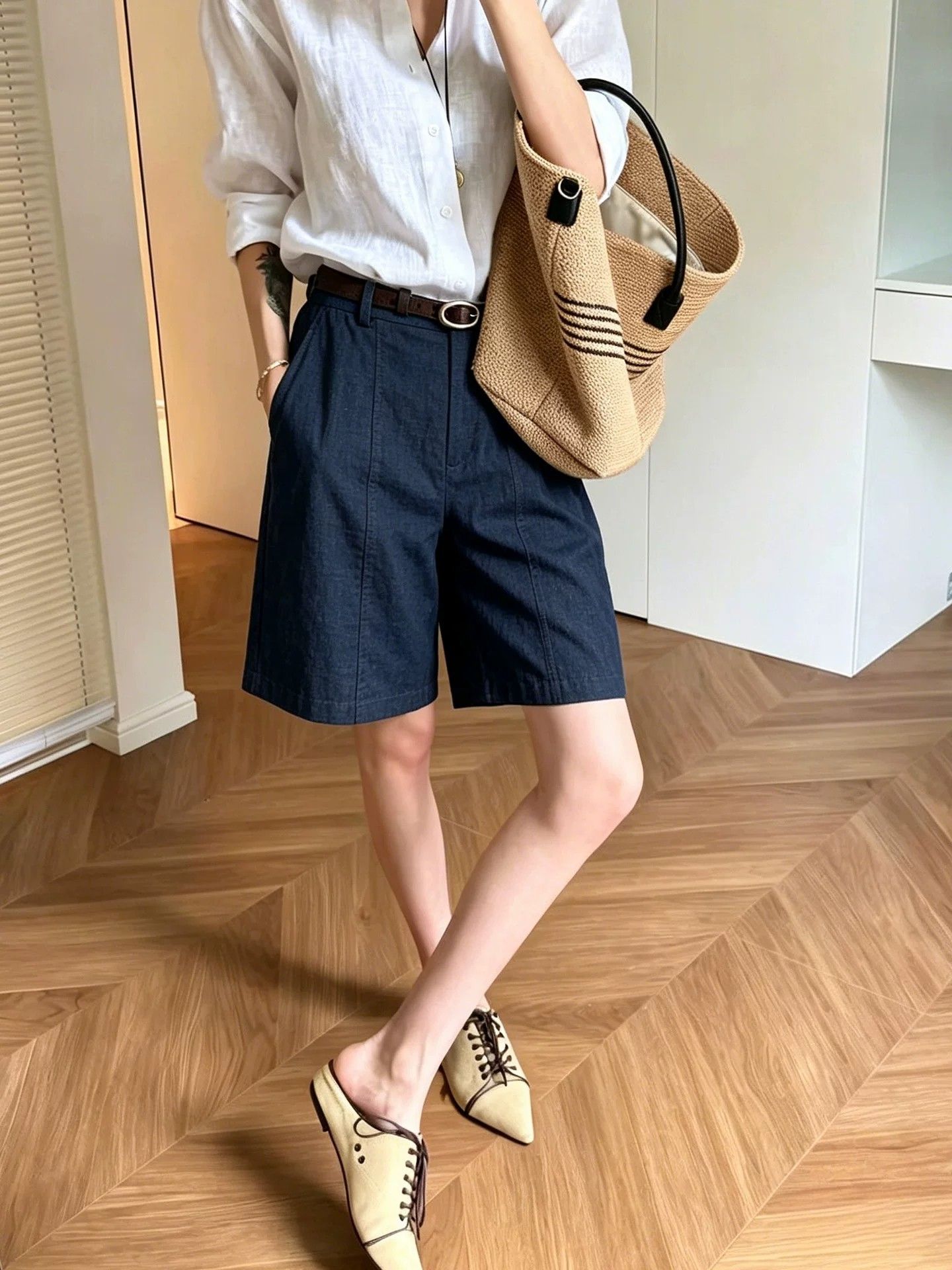 Women’s Summer Wide-Leg Linen-Blend Shorts Casual Five-Inch Straight Pants