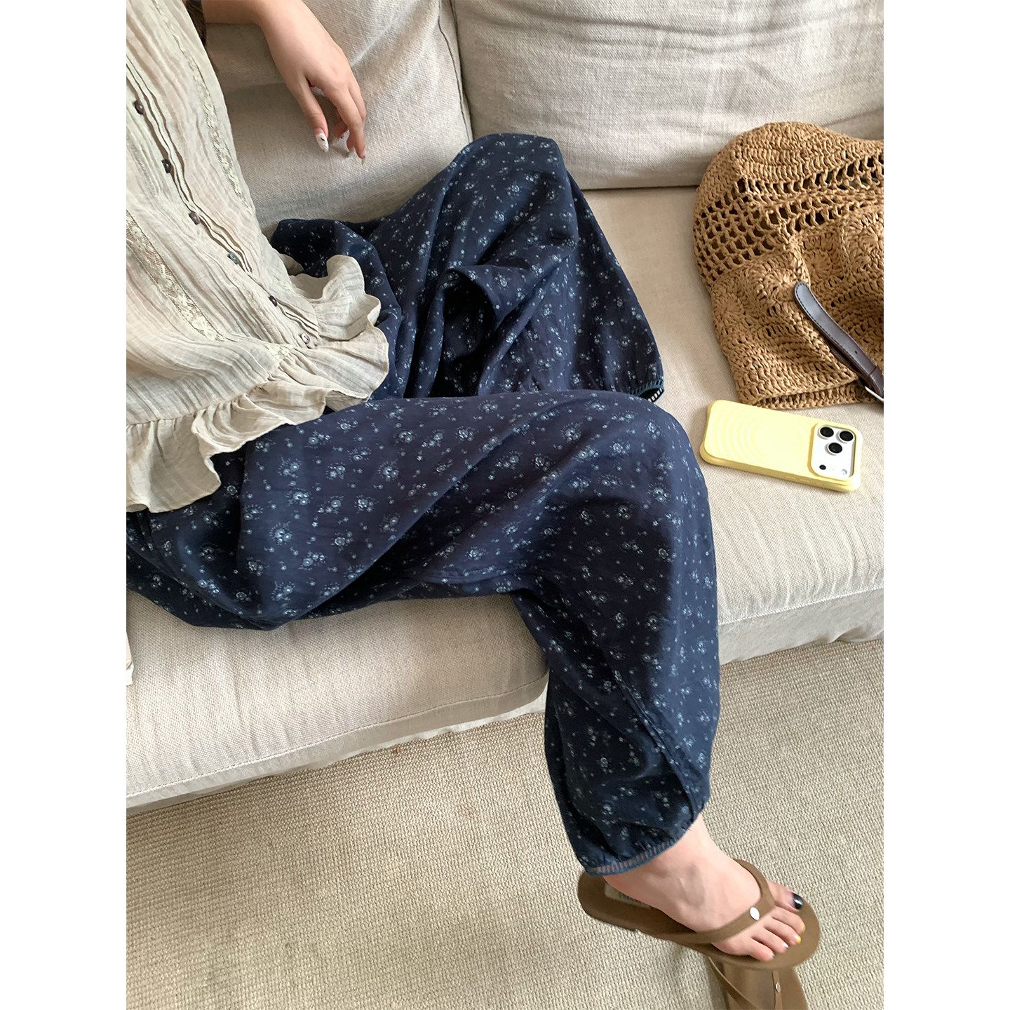 Women’s Summer Floral Print Lantern Pants Casual Loose Wide Leg Cropped Trousers
