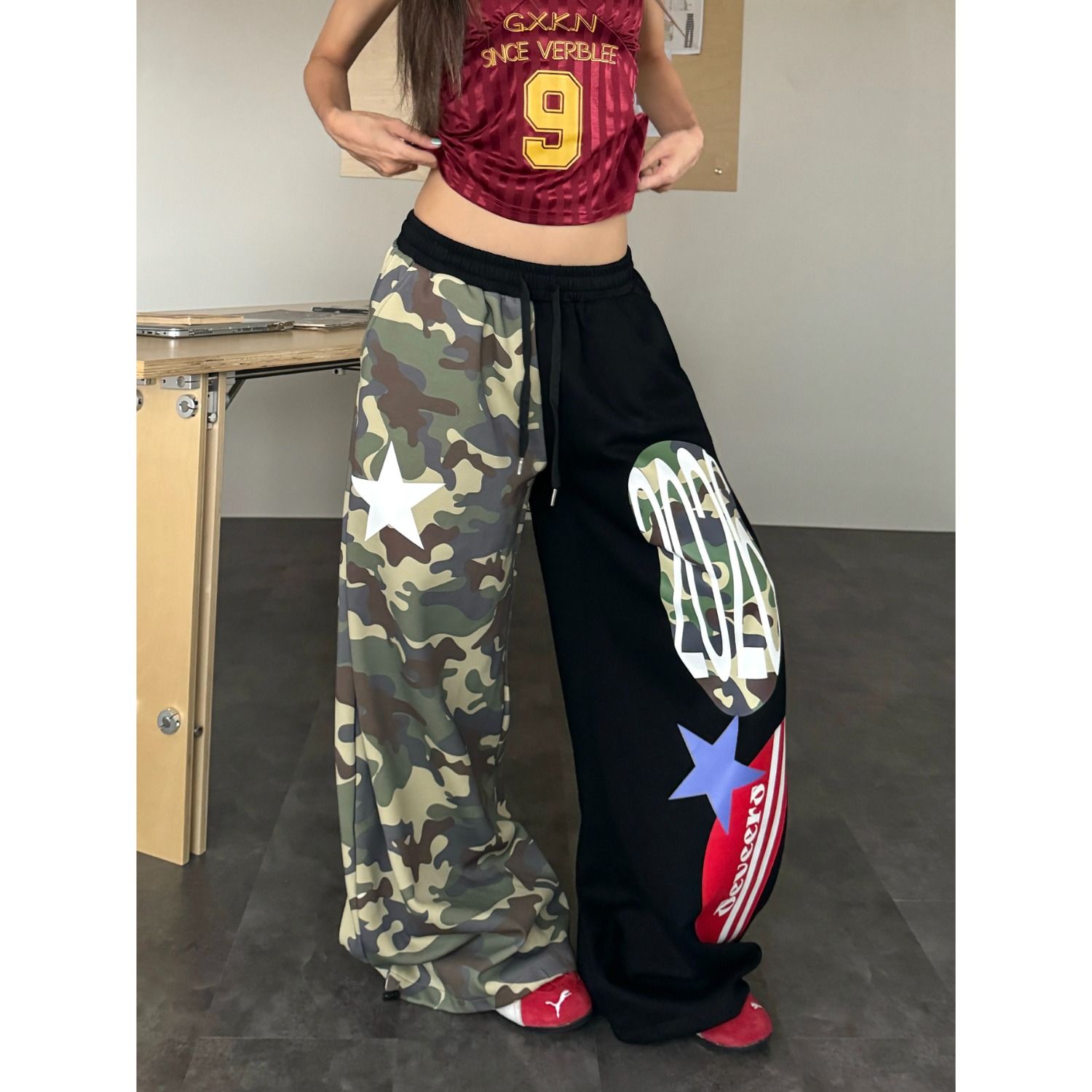 American Street Camo Patchwork Star Stripe Print Wide Leg Drawstring Sweatpants