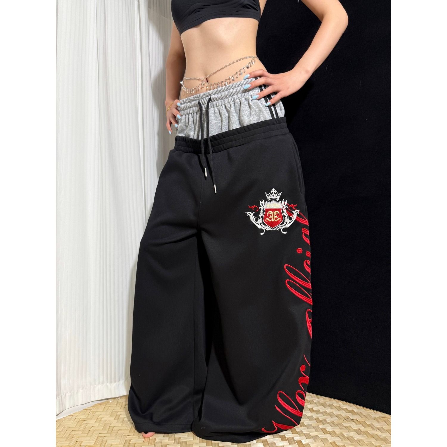 Women’s Cotton Blend Wide Leg Casual Pants with Color Block Embroidery