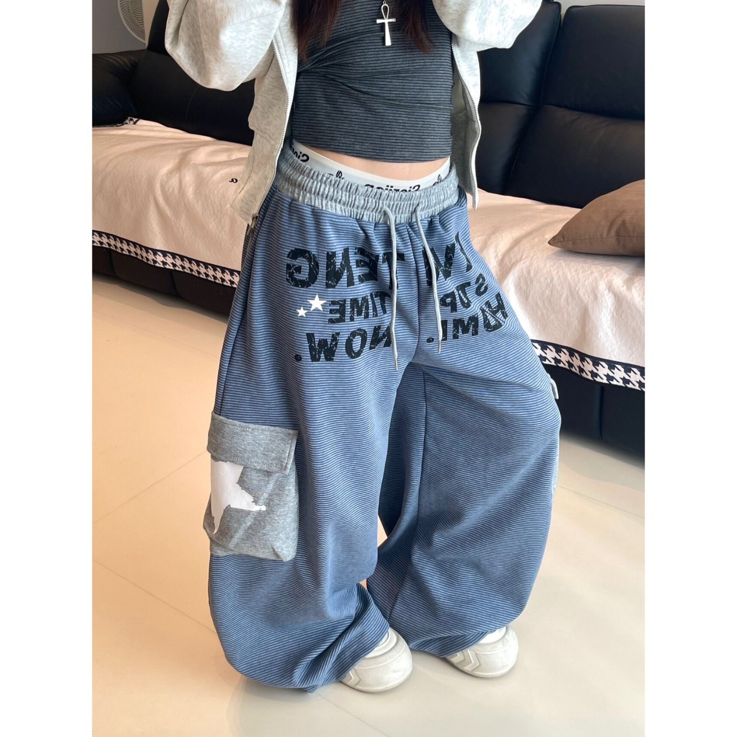 Women’s Cotton Blend Striped Letter Print Wide Leg Casual Pants Streetwear Loose Workwear