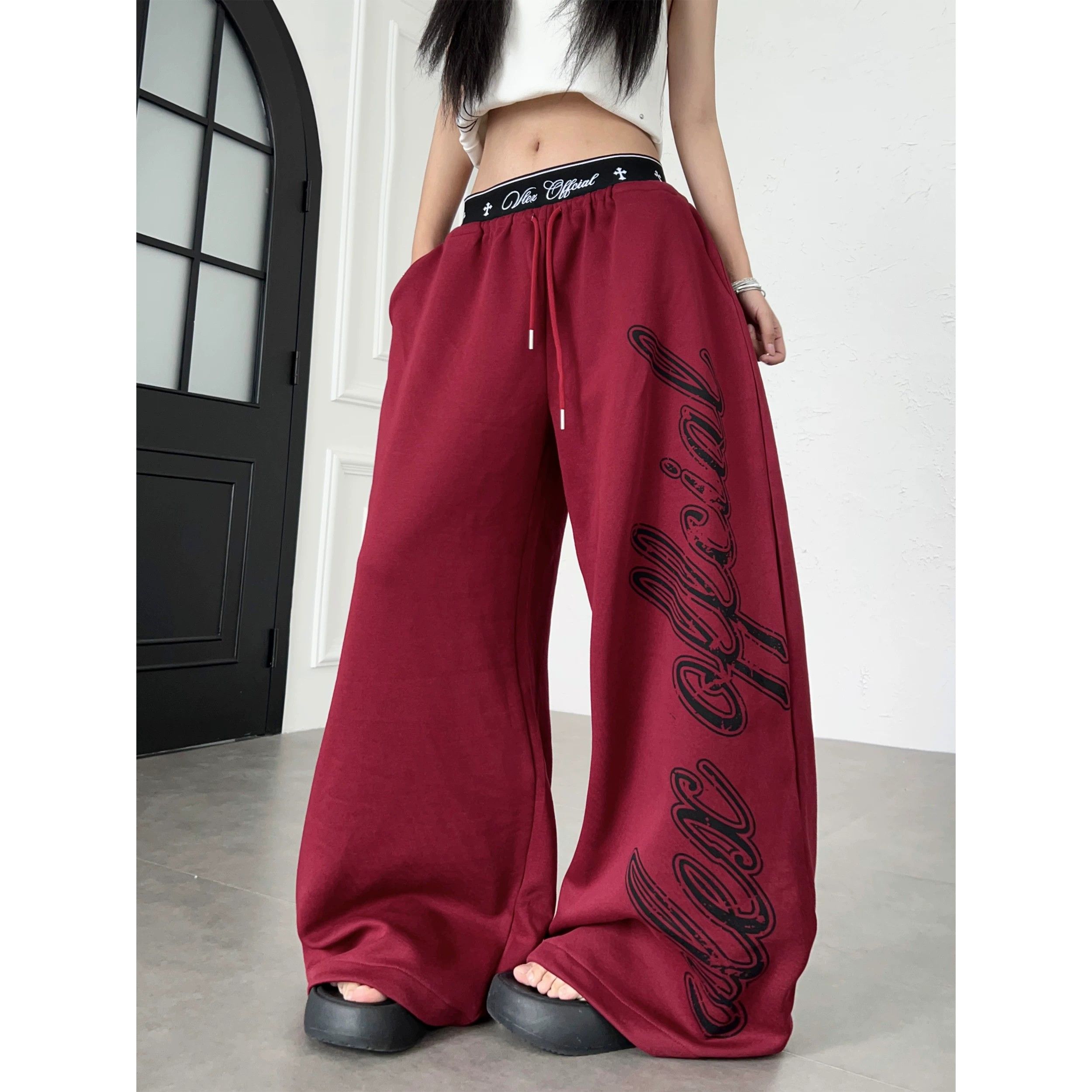 Women's Cotton Blend Wide Leg Track Pants with Contrast Letter Print
