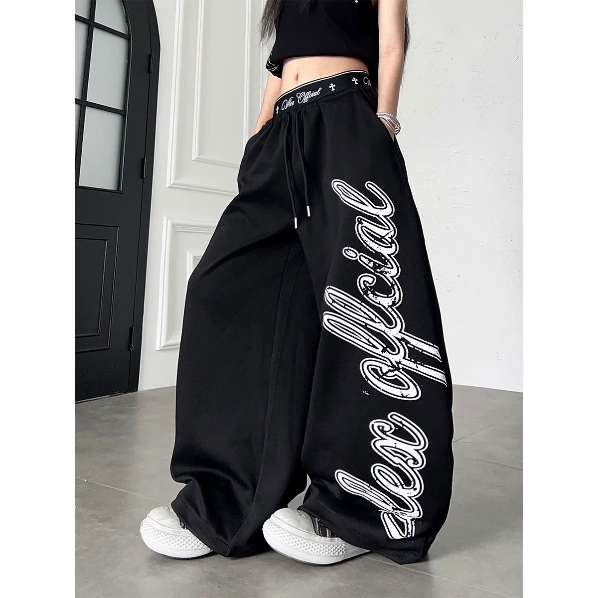 Women's Cotton Blend Wide Leg Track Pants with Contrast Letter Print - Image 3