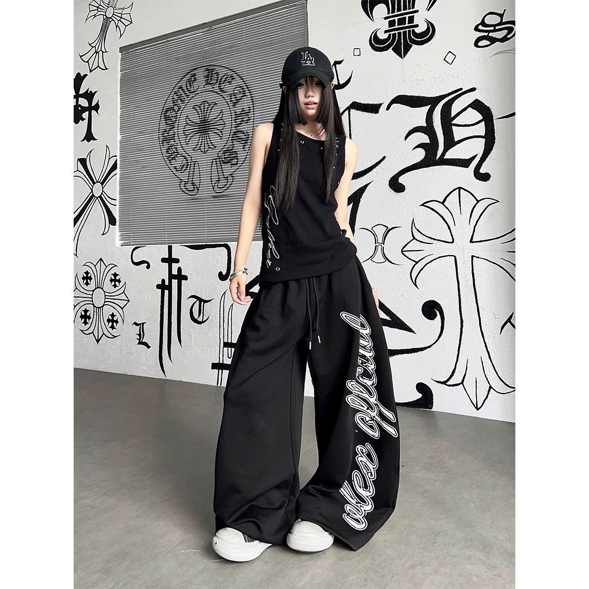 Women's Cotton Blend Wide Leg Track Pants with Contrast Letter Print - Image 4